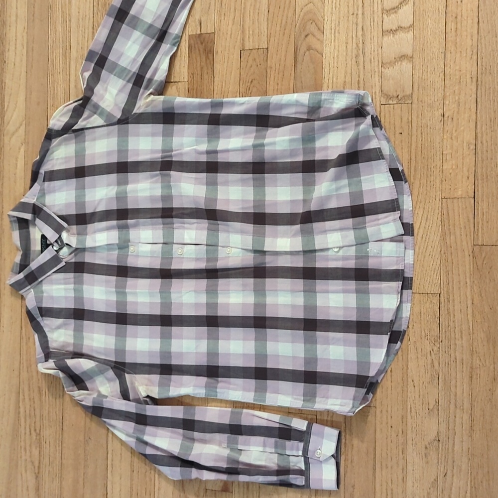 Men's DKNY long sleeve button-down purple and white plaid shirt size large I'm s